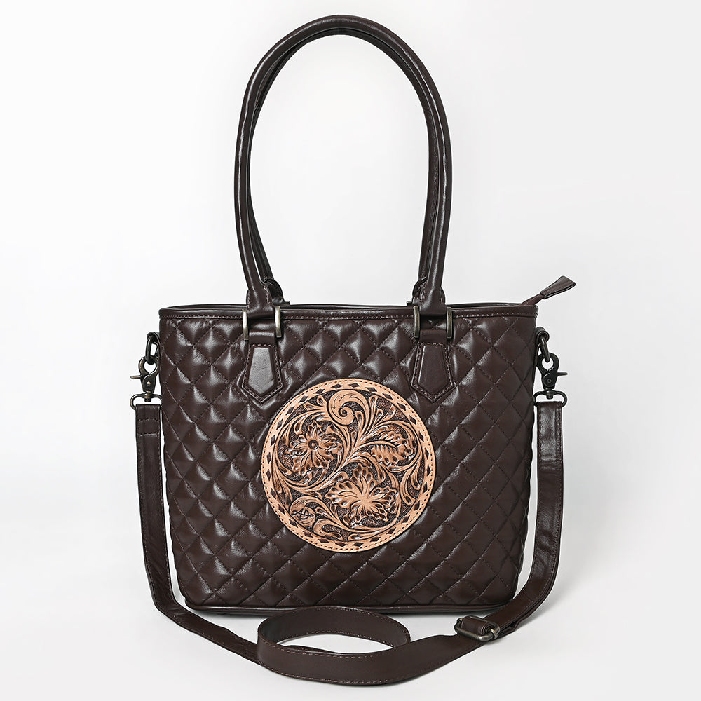 ADBG1689 Dark Brown Quilted Leather Tote Bag with Tooled Round Floral Medallion - American Darling