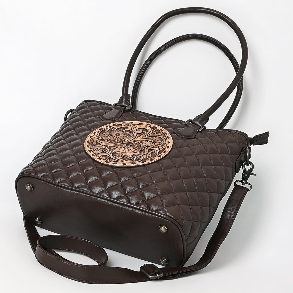 ADBG1689 Dark Brown Quilted Leather Tote Bag with Tooled Round Floral Medallion - American Darling