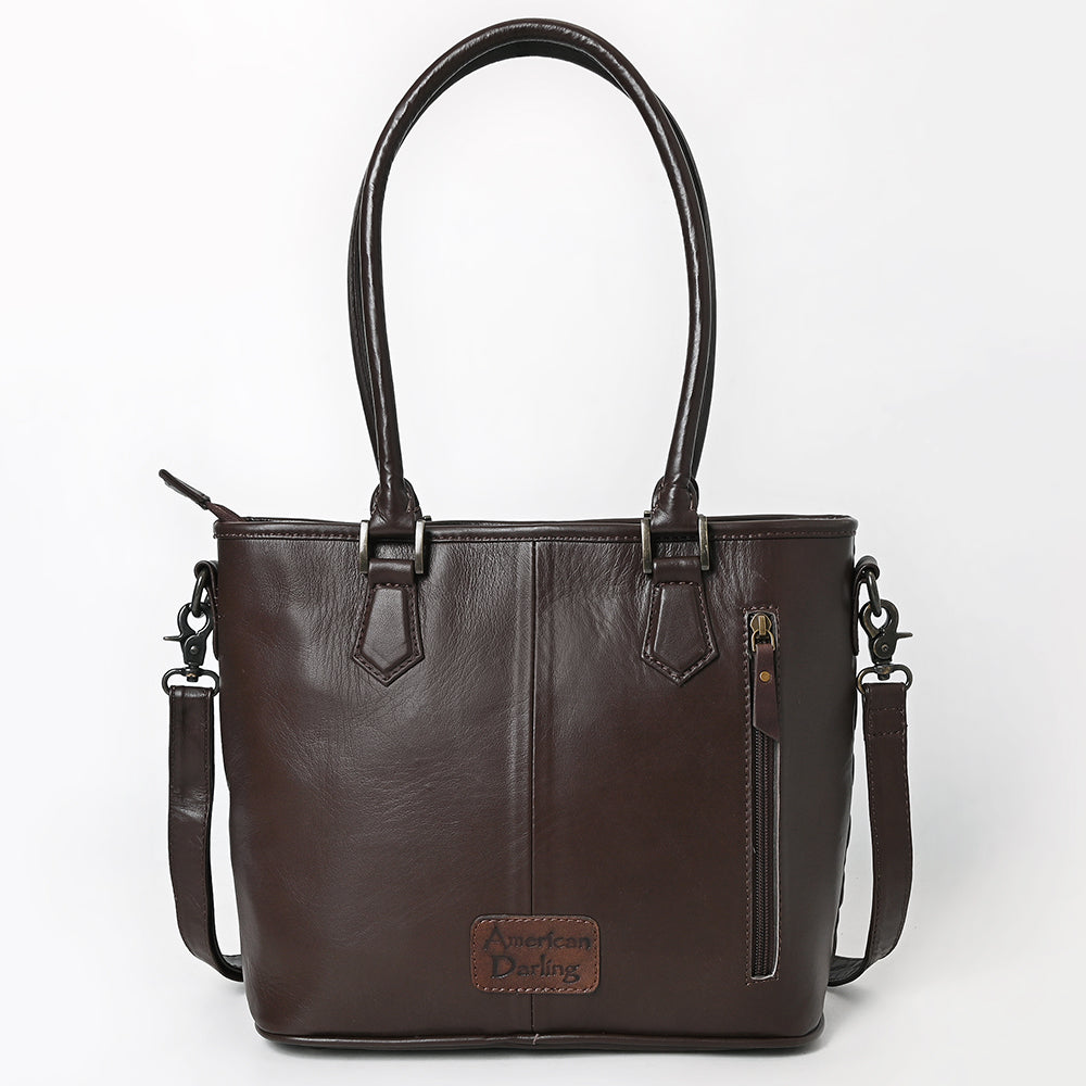 ADBG1689 Dark Brown Quilted Leather Tote Bag with Tooled Round Floral Medallion - American Darling