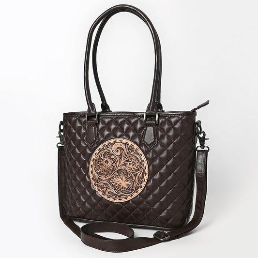 ADBG1689 Dark Brown Quilted Leather Tote Bag with Tooled Round Floral Medallion - American Darling