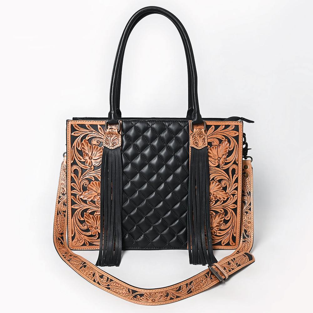 ADBG1690 Black Quilted Leather Tote with Fringe and Floral Tooled Accents - American Darling