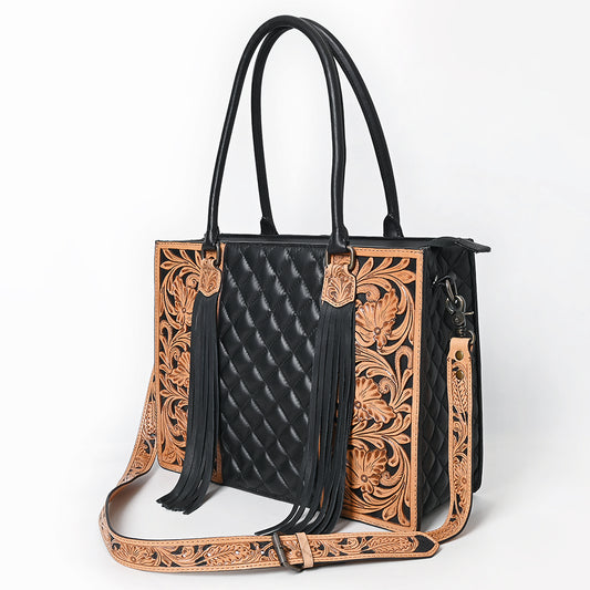 ADBG1690 Black Quilted Leather Tote with Fringe and Floral Tooled Accents - American Darling