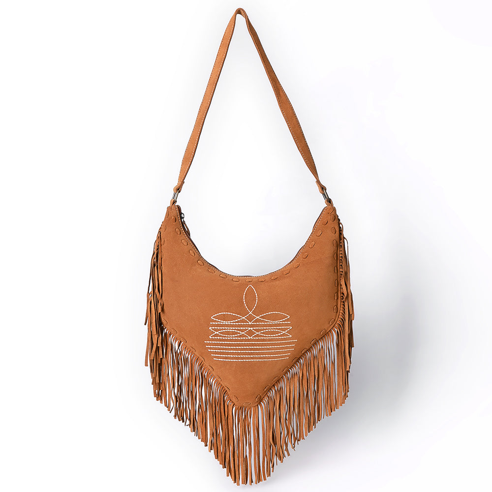 ADBGA733 V-Cut Genuine suede Fringe Crossbody Bag - Western Embroidered Hobo Purse
