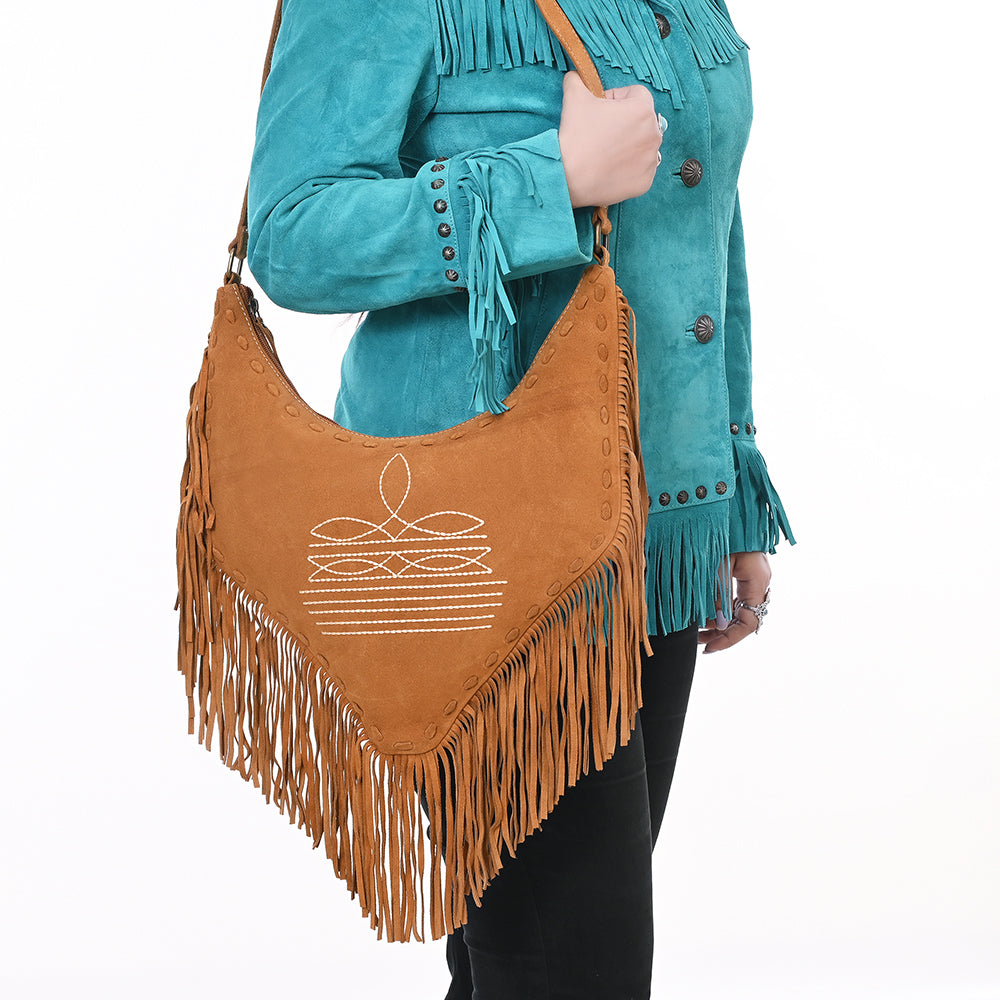 ADBGA733 V-Cut Genuine suede Fringe Crossbody Bag - Western Embroidered Hobo Purse
