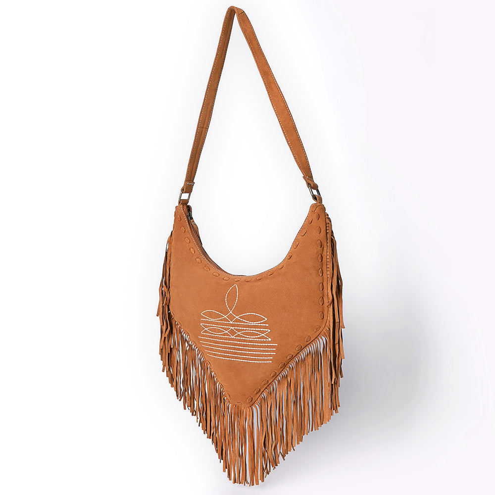 ADBGA733 V-Cut Genuine suede Fringe Crossbody Bag - Western Embroidered Hobo Purse