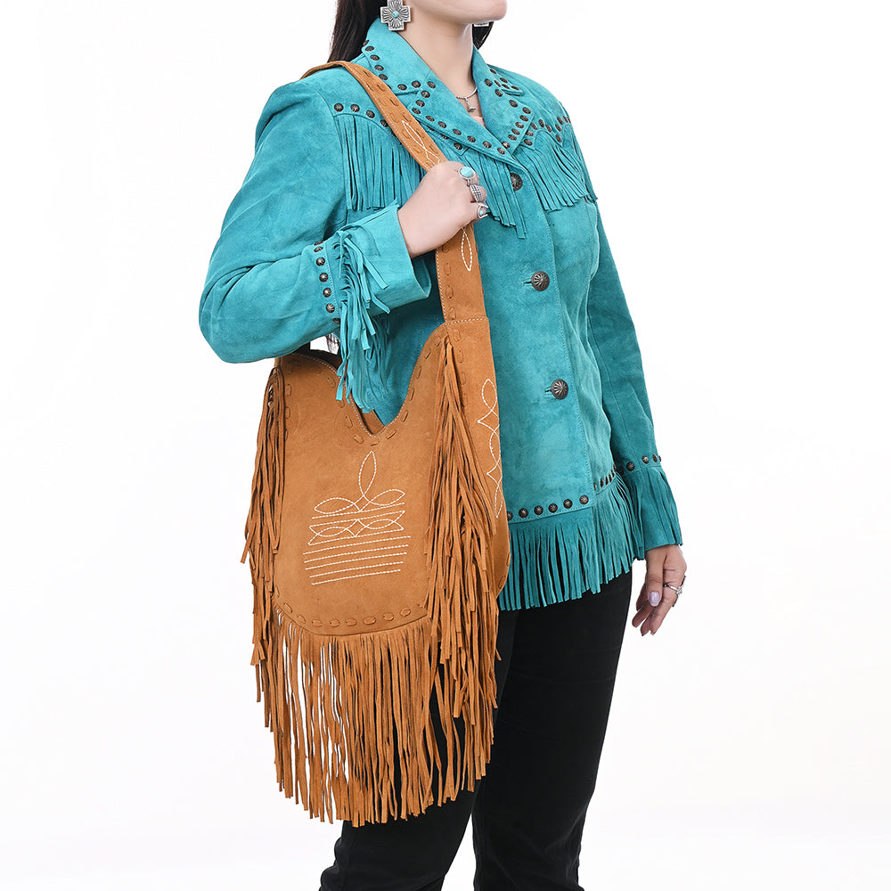 ADBGA734 Genuine suede Fringe Large Crossbody Bag - Western Embroidered Boho Hobo Purse