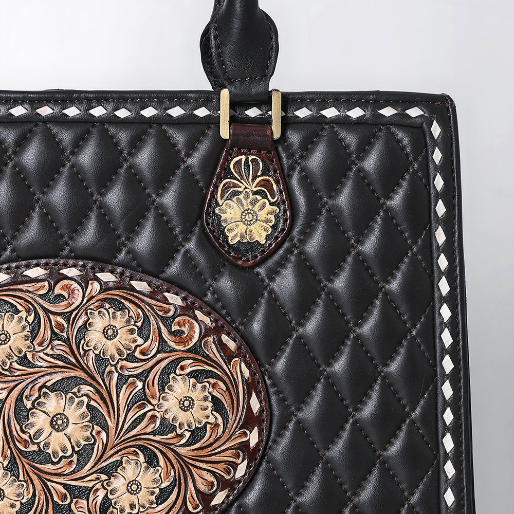 ADBGA735 Black Quilted Western Leather Tote Bag - Tooled Floral Medallion & Double Handles