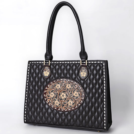ADBGA735 Black Quilted Western Leather Tote Bag - Tooled Floral Medallion & Double Handles