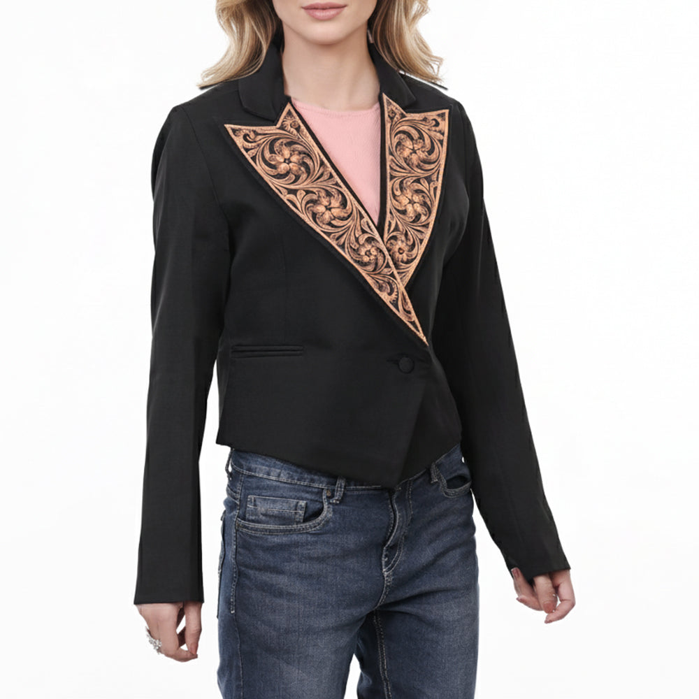ADBZ060 Cropped Black Cowgirl Blazer with Triangle Tooled Leather Lapel - Western Statement Jacket
