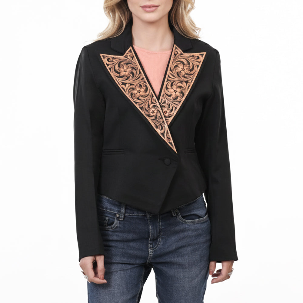 ADBZ060 Cropped Black Cowgirl Blazer with Triangle Tooled Leather Lapel - Western Statement Jacket