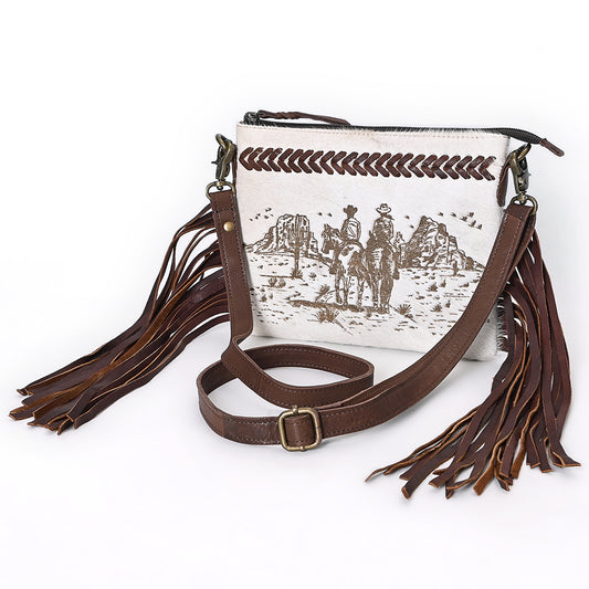 ADBGM554 Cowhide Crossbody Bag with Desert Riders Scene - Western Fringe Leather Purse