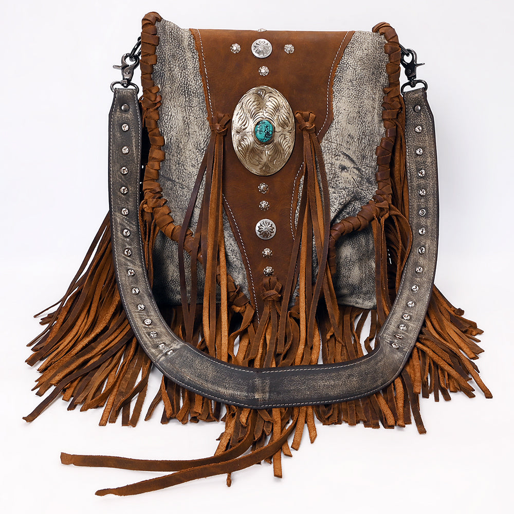 ADBGM555 Western Leather Fringe Messenger Bag - Cowhide Purse with Turquoise Concho & Studded Strap