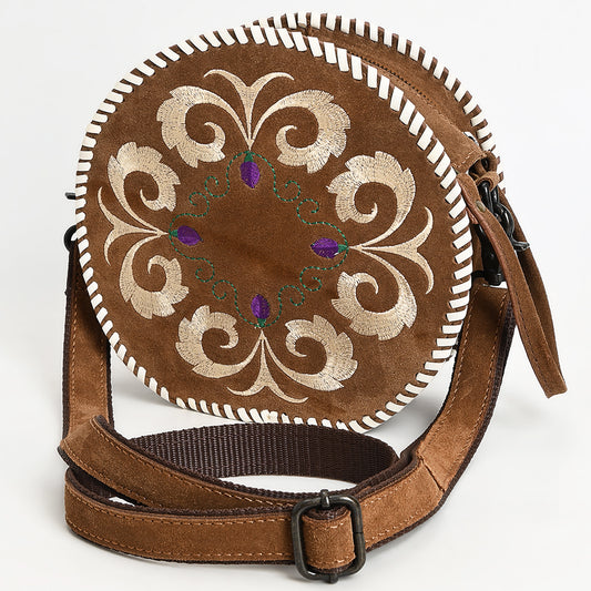 ADBGZX101A Round Embroidered Genuine suede Canteen Bag with Floral Design & Whipstitch Trim