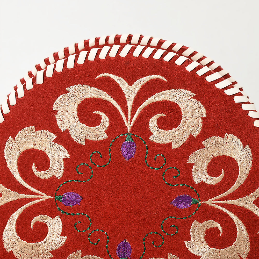 ADBGZX101B Round Red Genuine suede Embroidered Canteen Bag with Floral Design & Whipstitch Trim