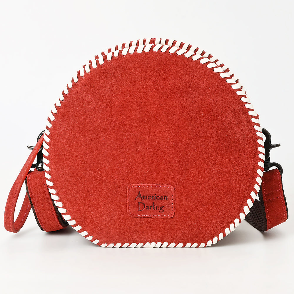 ADBGZX101B Round Red Genuine suede Embroidered Canteen Bag with Floral Design & Whipstitch Trim