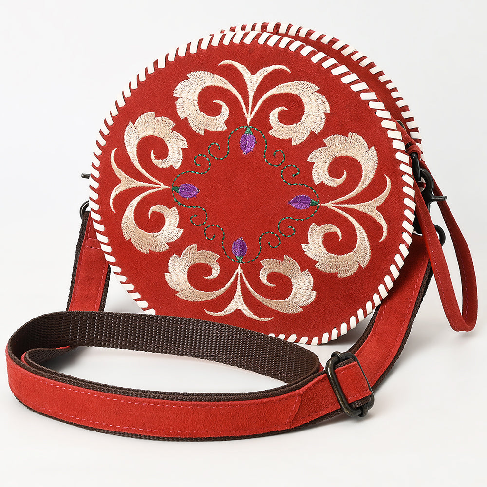 ADBGZX101B Round Red Genuine suede Embroidered Canteen Bag with Floral Design & Whipstitch Trim