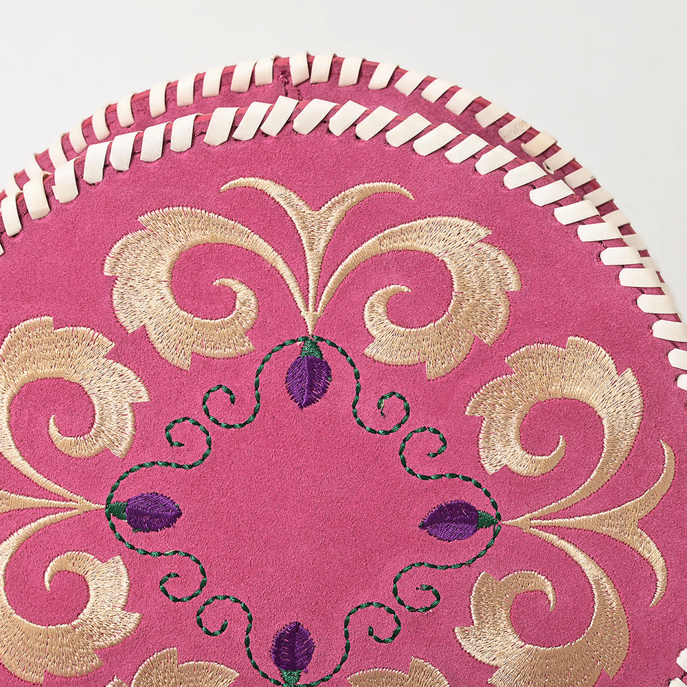 ADBGZX101C Round Pink Genuine suede Embroidered Canteen Bag with Ivory Floral Design & Whipstitch Edge