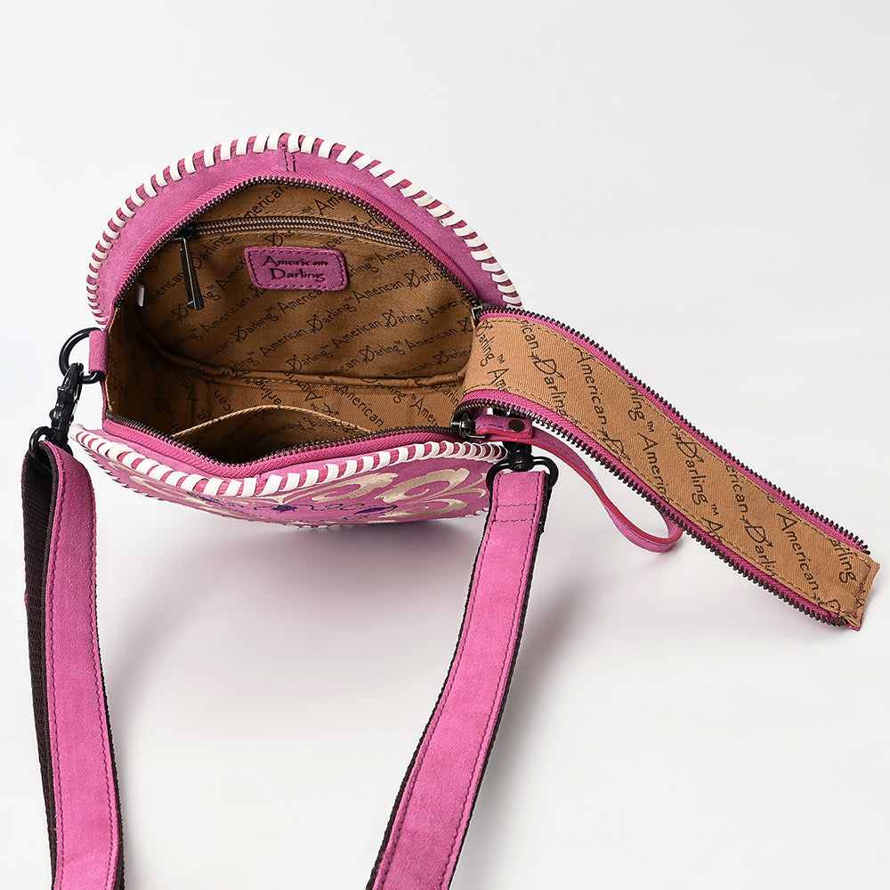 ADBGZX101C Round Pink Genuine suede Embroidered Canteen Bag with Ivory Floral Design & Whipstitch Edge