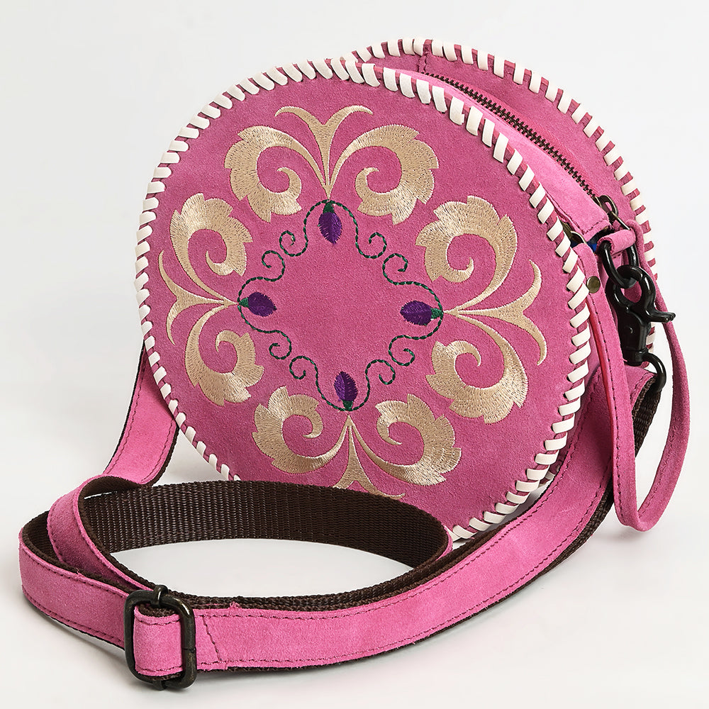 ADBGZX101C Round Pink Genuine suede Embroidered Canteen Bag with Ivory Floral Design & Whipstitch Edge