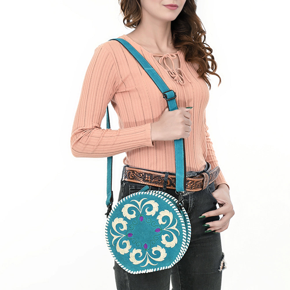 ADBGZX101D Round Teal Genuine suede Embroidered Canteen Bag with Ivory Floral Design & Whipstitch Trim