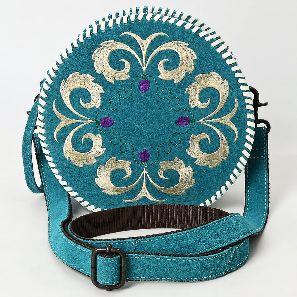 ADBGZX101D Round Teal Genuine suede Embroidered Canteen Bag with Ivory Floral Design & Whipstitch Trim