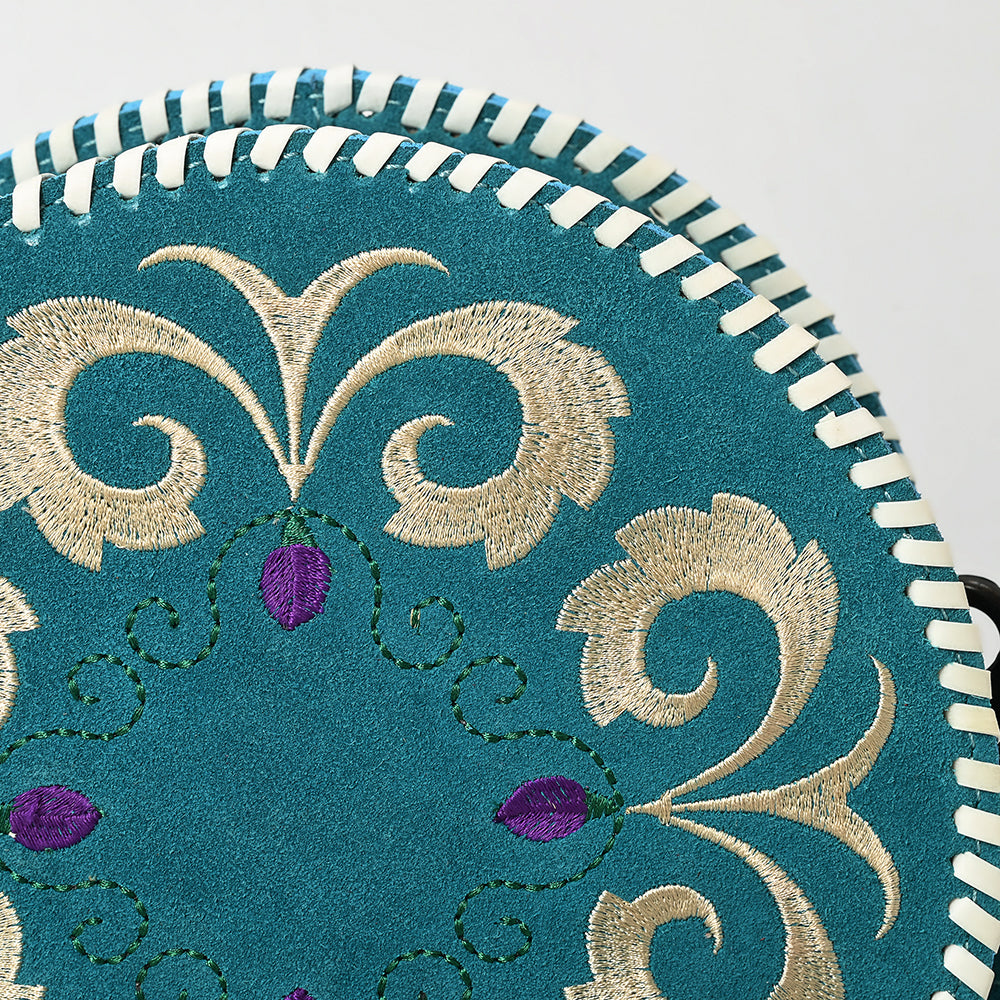 ADBGZX101D Round Teal Genuine suede Embroidered Canteen Bag with Ivory Floral Design & Whipstitch Trim