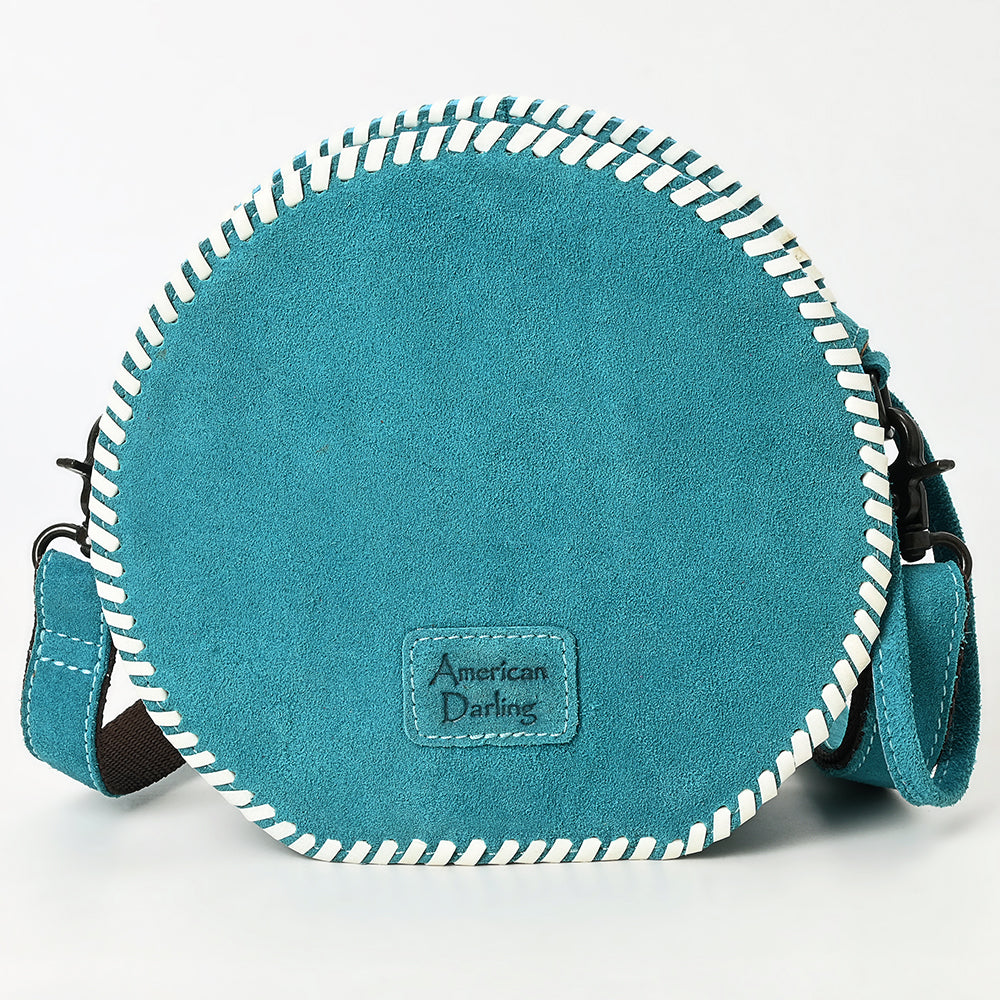 ADBGZX101D Round Teal Genuine suede Embroidered Canteen Bag with Ivory Floral Design & Whipstitch Trim