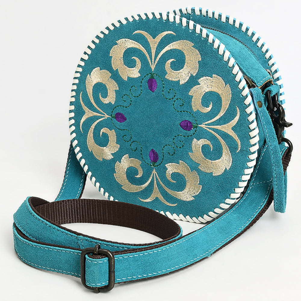ADBGZX101D Round Teal Genuine suede Embroidered Canteen Bag with Ivory Floral Design & Whipstitch Trim