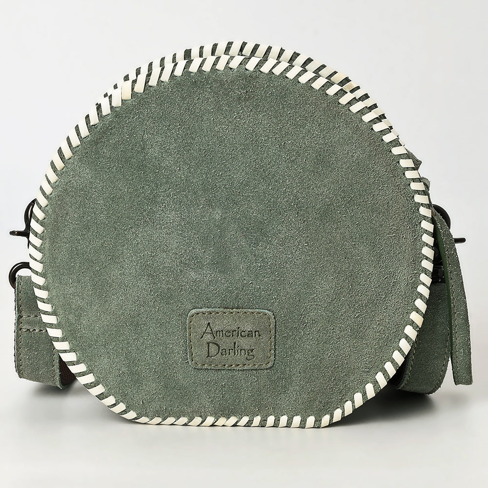 ADBGZX101E Round Sage Green Genuine suede Canteen Bag with Floral Embroidery & Whipstitch Trim