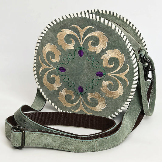ADBGZX101E Round Sage Green Genuine suede Canteen Bag with Floral Embroidery & Whipstitch Trim