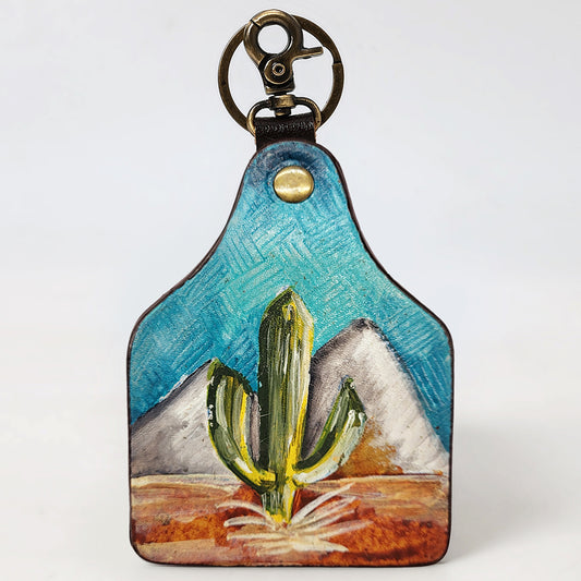 ADKRM134 Hand-Painted Leather Keyring   Desert Cactus & Mountain Scene