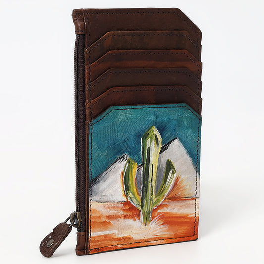 ADCCM111 Hand-Painted Leather Cactus Card Holder with Zipper Pocket