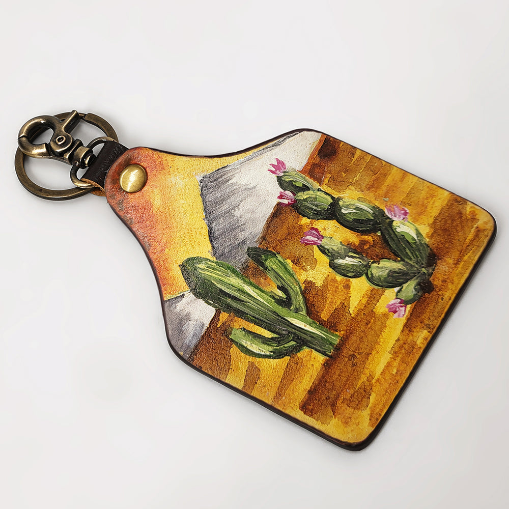 ADKRM135 Hand-Painted Leather Keyring   Sunset Desert Cactus Scene