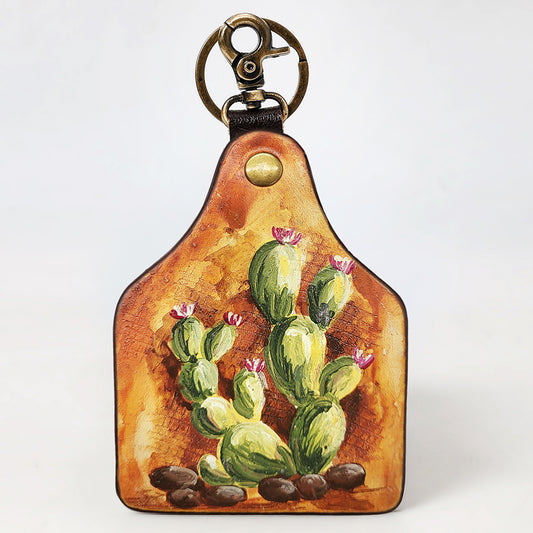 ADKRM136 Hand-Painted Leather Keyring   Prickly Pear Cactus with Blossoms