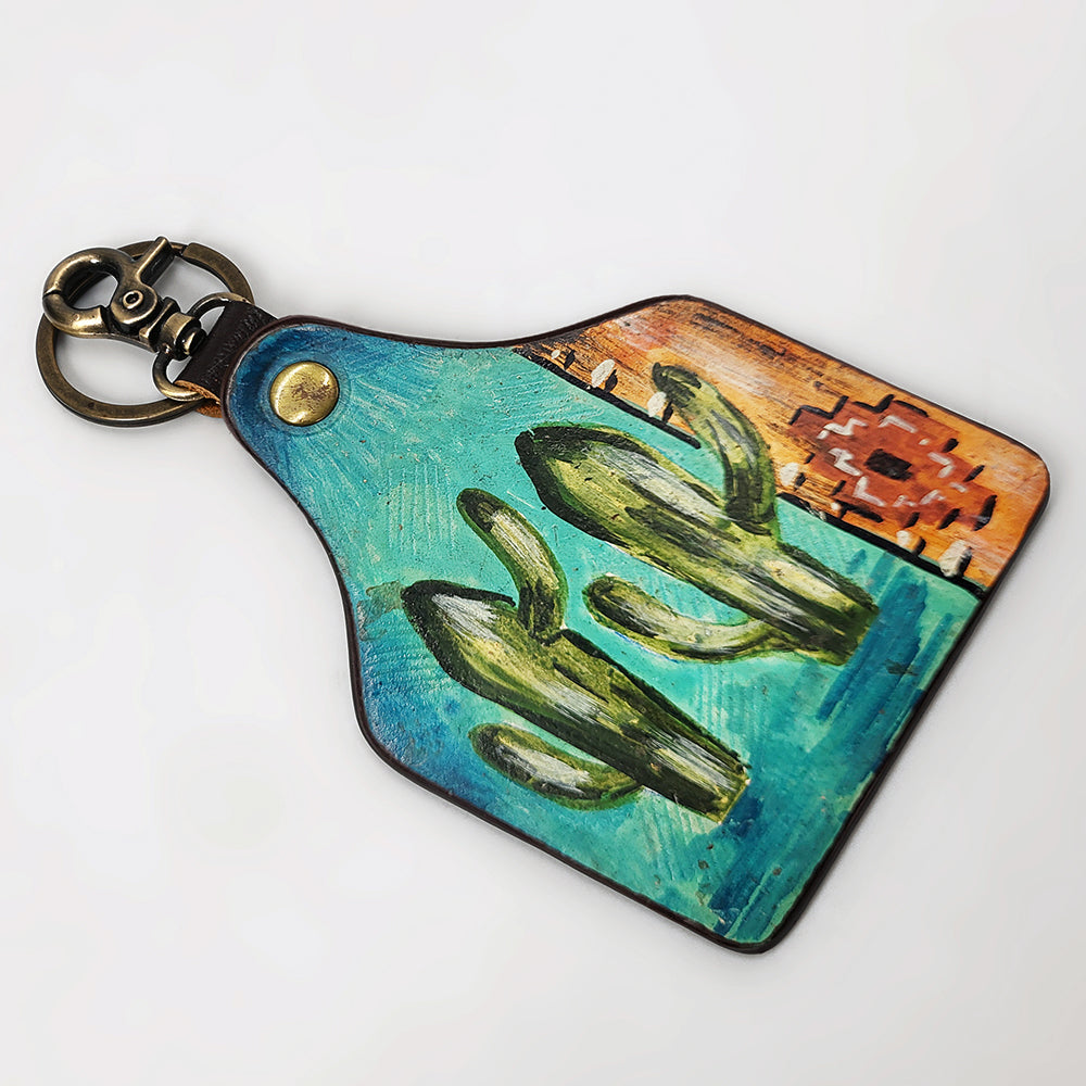 ADKRM137 Hand-Painted Leather Keyring   Twin Cactus & Aztec Blanket Design