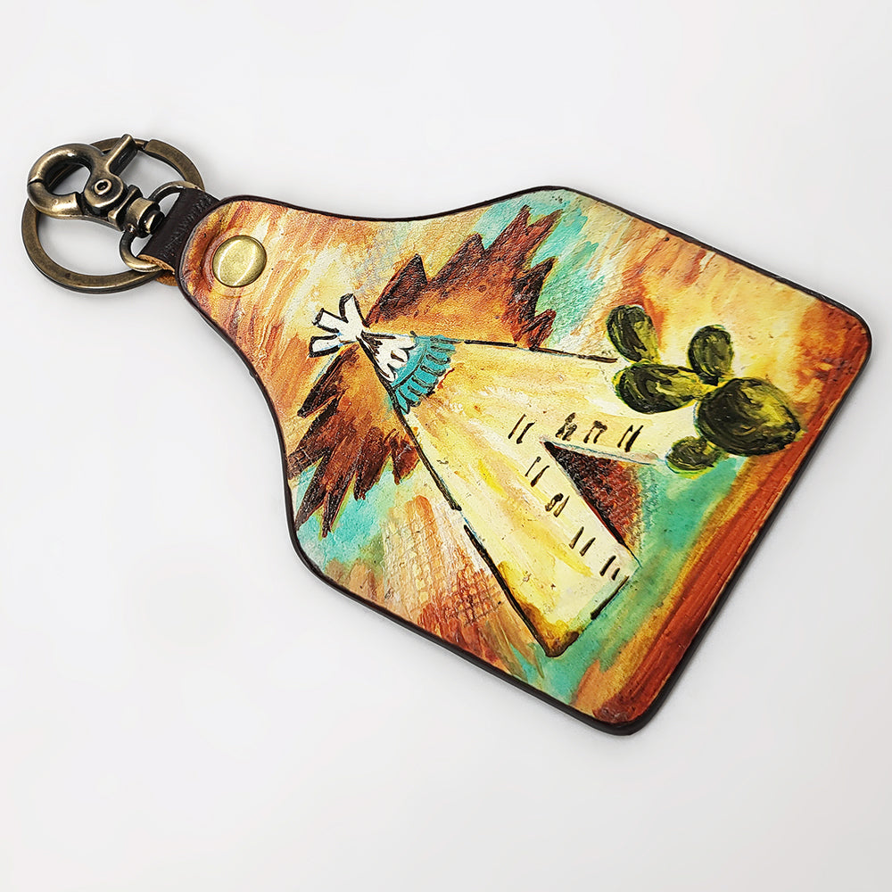 ADKRM138 Hand-Painted Tipi Leather Keyring   Western Tribal Landscape Art
