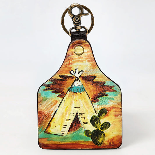ADKRM138 Hand-Painted Tipi Leather Keyring   Western Tribal Landscape Art