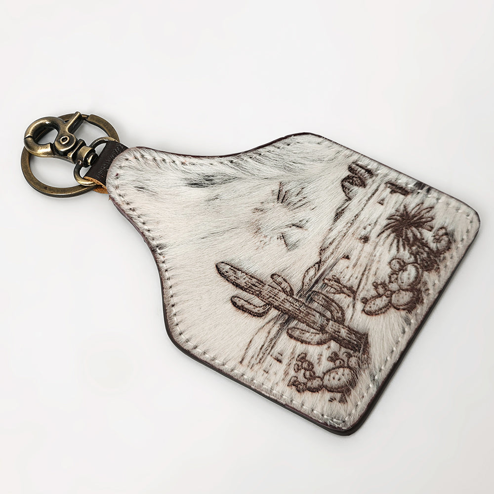 ADKRM139 Western Desert Scene Cowhide Leather Keychain   Hand-Tooled Cactus Landscape