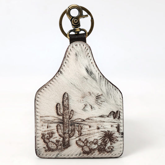 ADKRM139 Western Desert Scene Cowhide Leather Keychain   Hand-Tooled Cactus Landscape