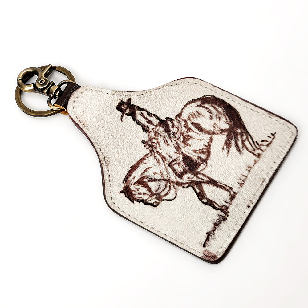 ADKRM142 Cowboy & Horse Cowhide Leather Keyring   Hand-Tooled Western Silhouette