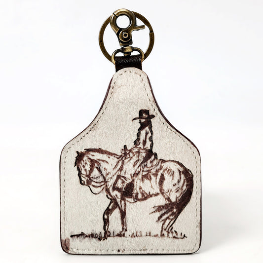 ADKRM142 Cowboy & Horse Cowhide Leather Keyring   Hand-Tooled Western Silhouette