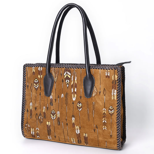 ADBGM556 Western Arrow Embroidered Genuine suede Tote - Hand-Laced Leather Trim Cowgirl Handbag