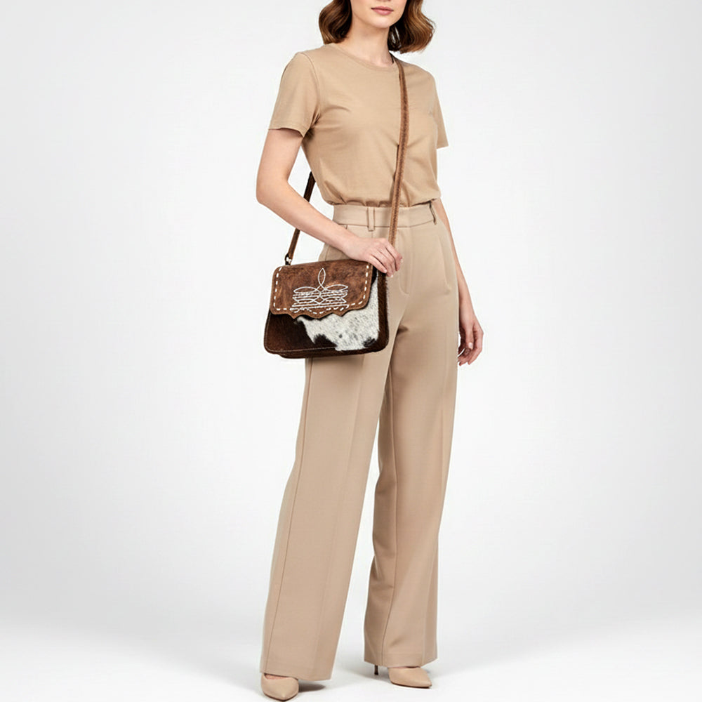 ADBG1691 Cowhide and Tooled Leather Crossbody Bag with White Whipstitch Embroidery - Western Style