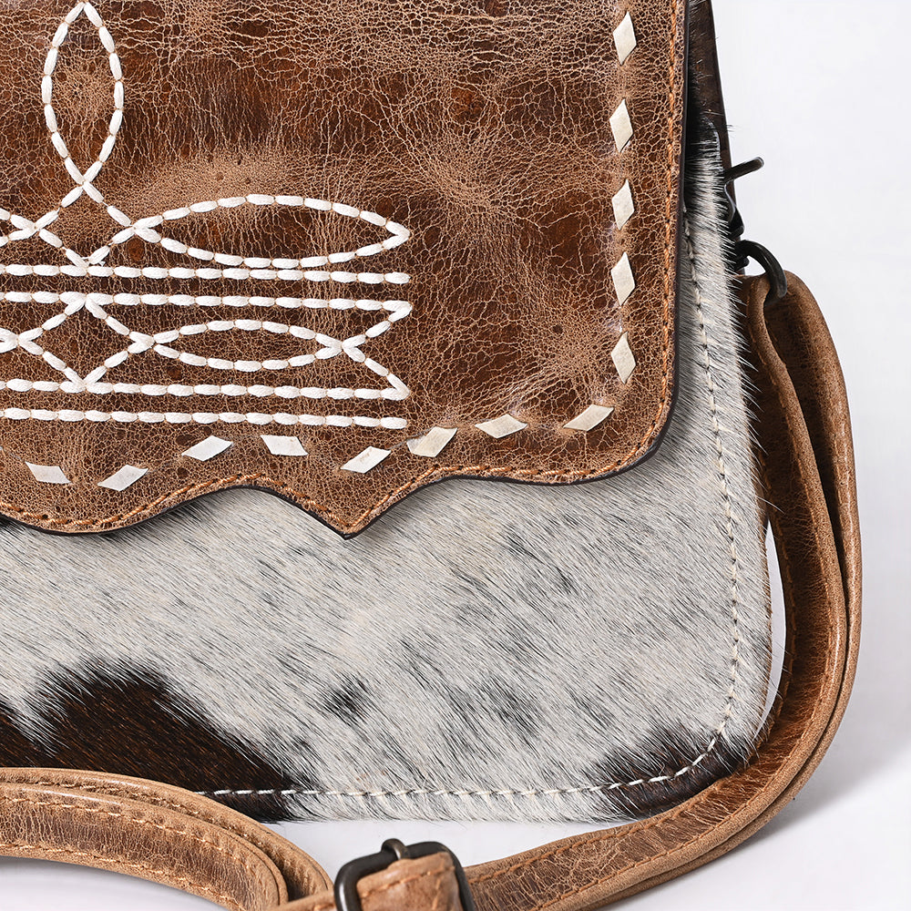 ADBG1691 Cowhide and Tooled Leather Crossbody Bag with White Whipstitch Embroidery - Western Style