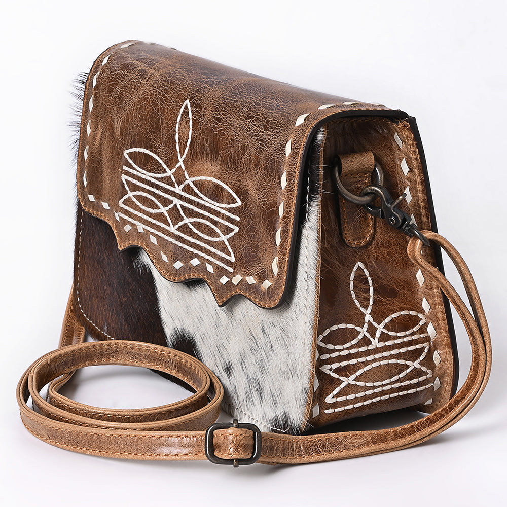 ADBG1691 Cowhide and Tooled Leather Crossbody Bag with White Whipstitch Embroidery - Western Style