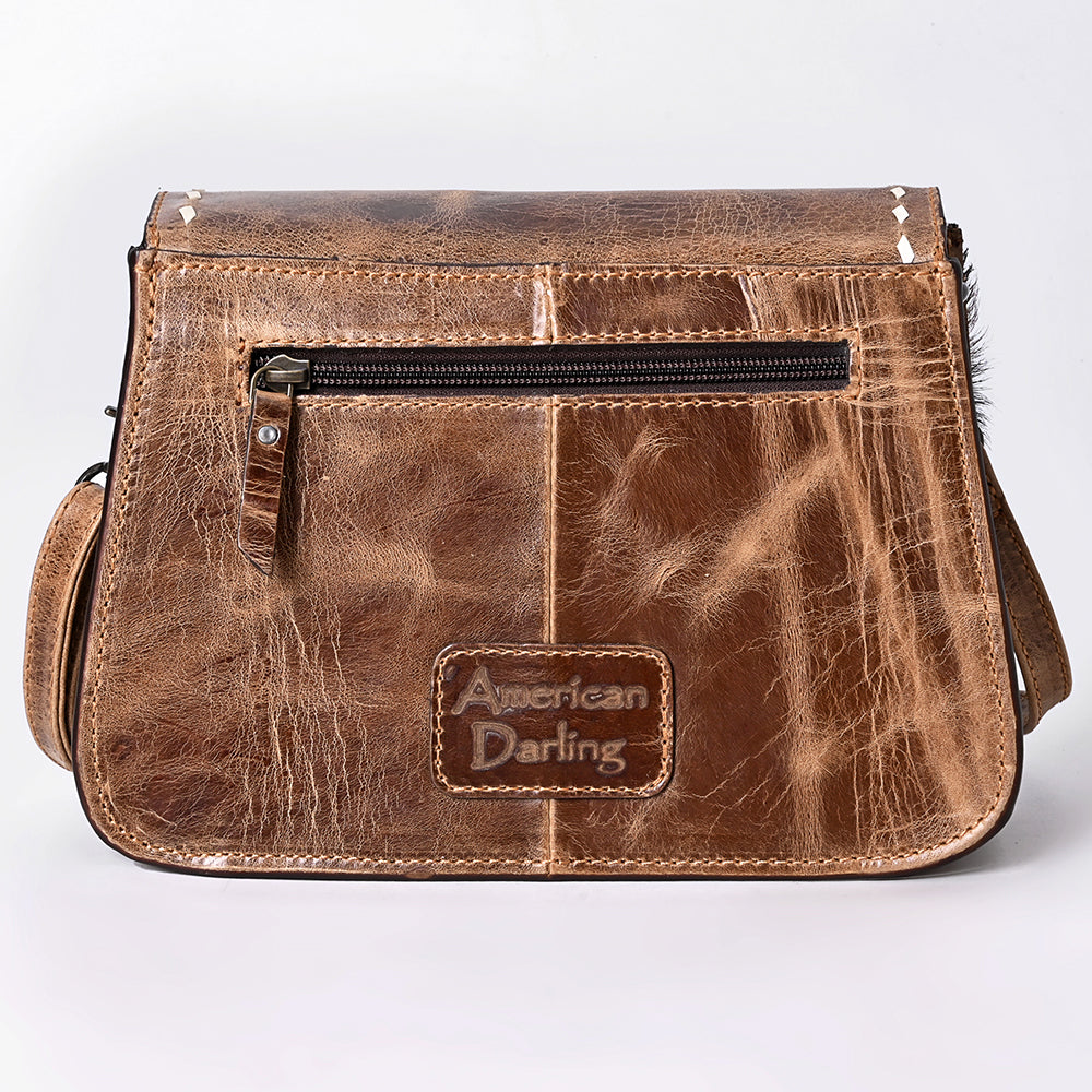 ADBG1691 Cowhide and Tooled Leather Crossbody Bag with White Whipstitch Embroidery - Western Style