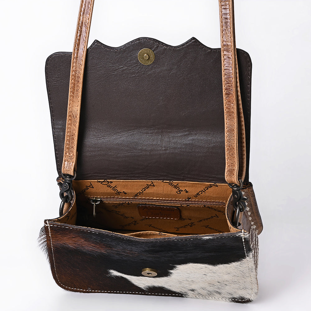 ADBG1691 Cowhide and Tooled Leather Crossbody Bag with White Whipstitch Embroidery - Western Style