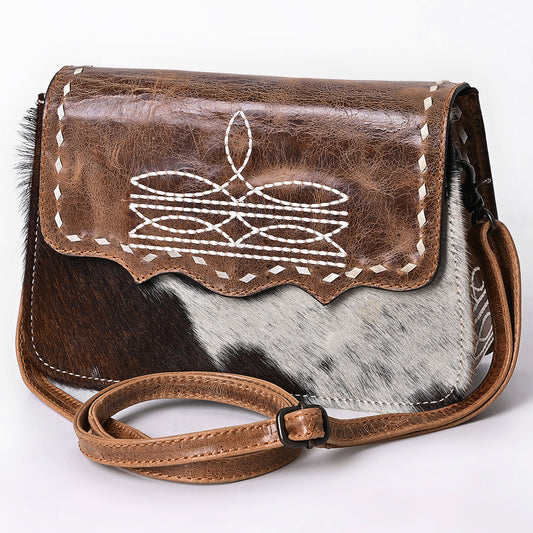 ADBG1691 Cowhide and Tooled Leather Crossbody Bag with White Whipstitch Embroidery - Western Style