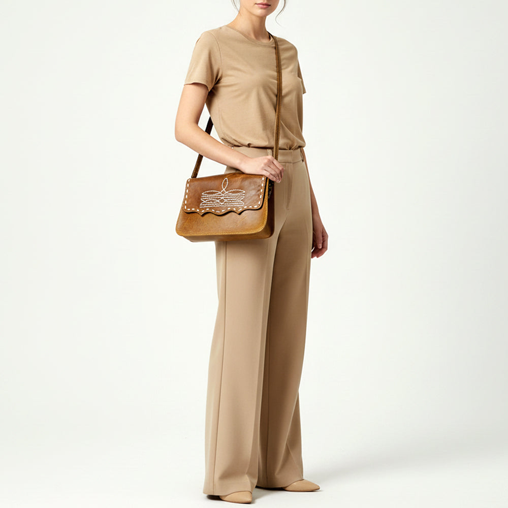 ADBG1692 Distressed Leather Crossbody Bag with White Whipstitch Embroidery - Western Style