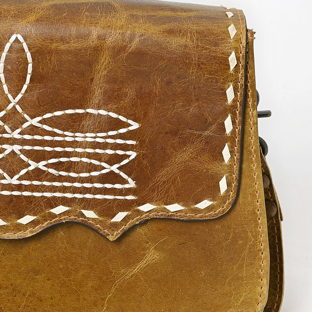ADBG1692 Distressed Leather Crossbody Bag with White Whipstitch Embroidery - Western Style